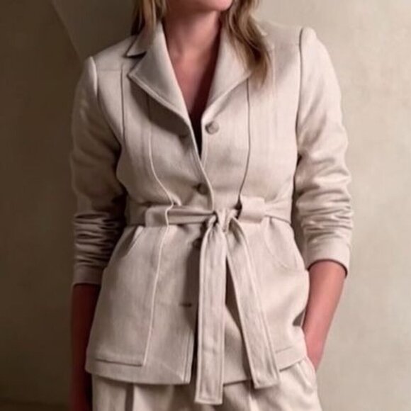 Banana Republic Norfolk Linen-Cotton Cream Herringbone Belted Long Blazer Jacket - Picture 1 of 17
